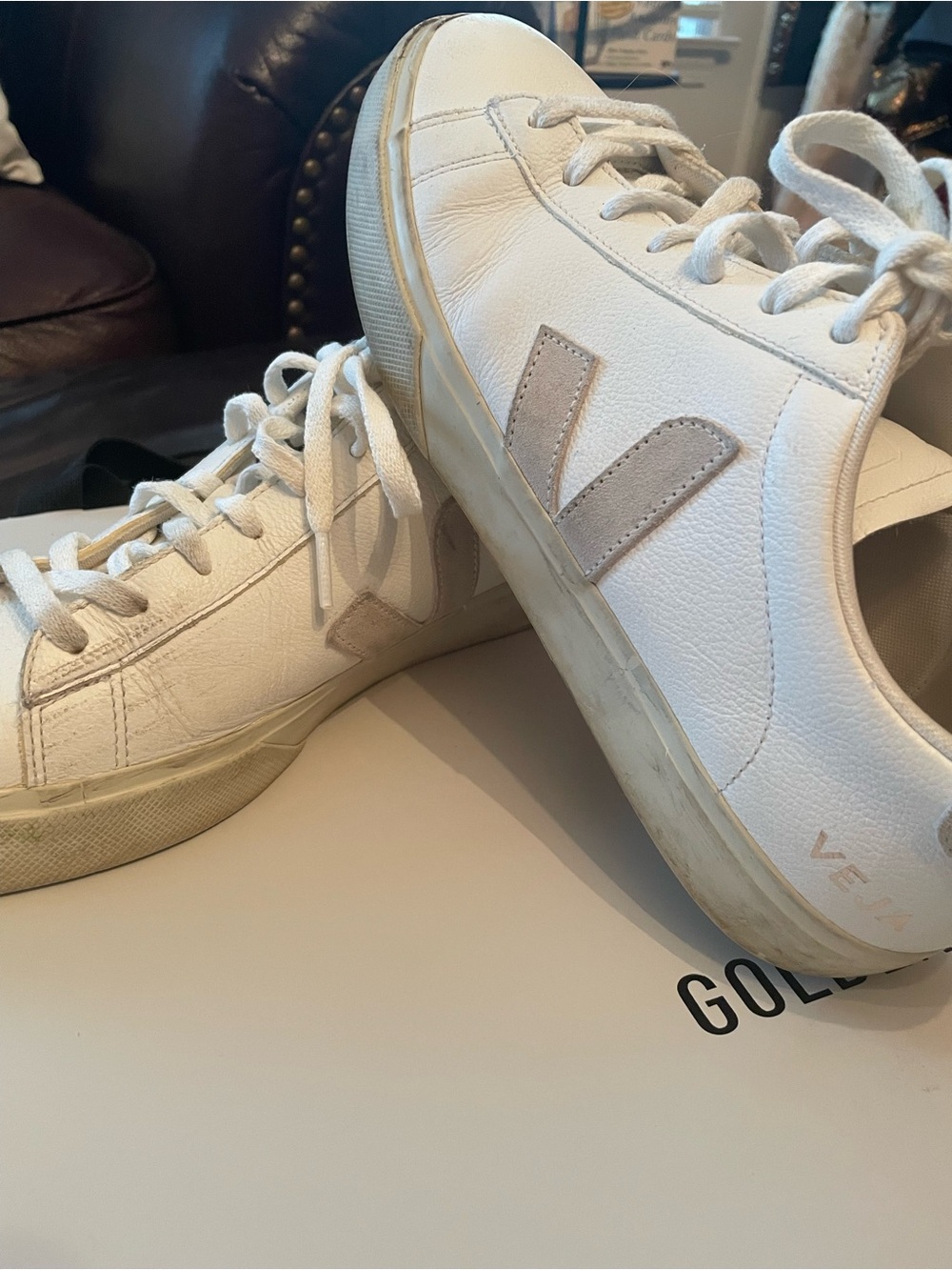 Veja White Leather Sneakers with Light Taupe V Logo (RETAILS $190) MENS SIZE 11